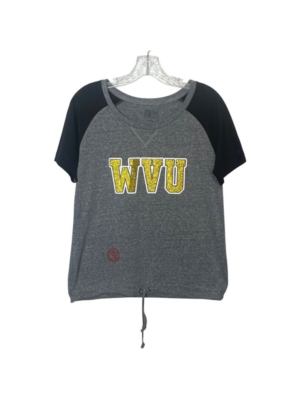New Era WVU West Virginia Tshirt Womens Small Gray‎ Glitter Front Tie Fanwear